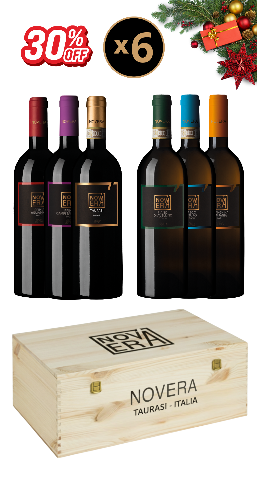 cofanetto degustazione novera – 6 bottiglie a tua scelta, idea regalo in cassetta di legno