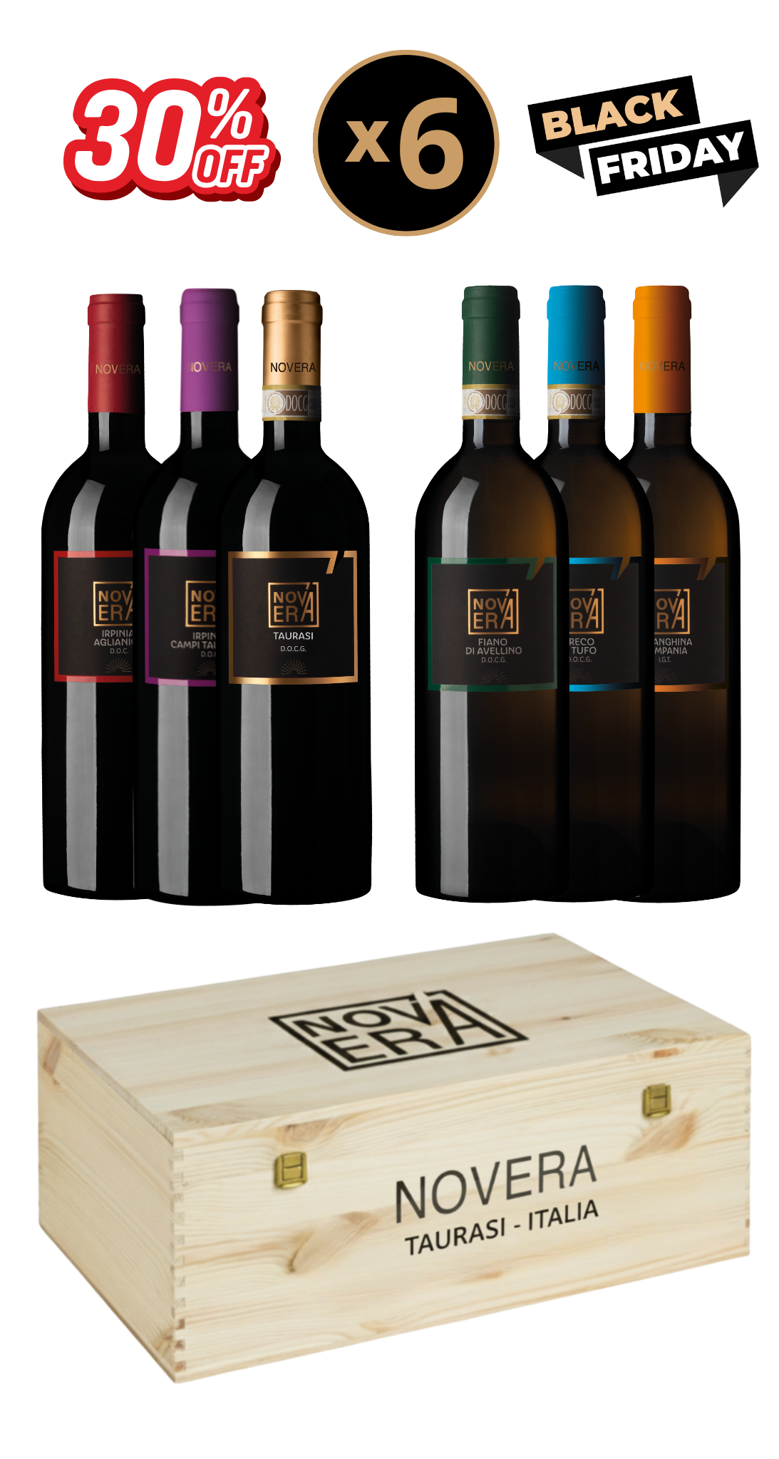 cofanetto degustazione novera – 6 bottiglie a tua scelta, idea regalo in cassetta di legno