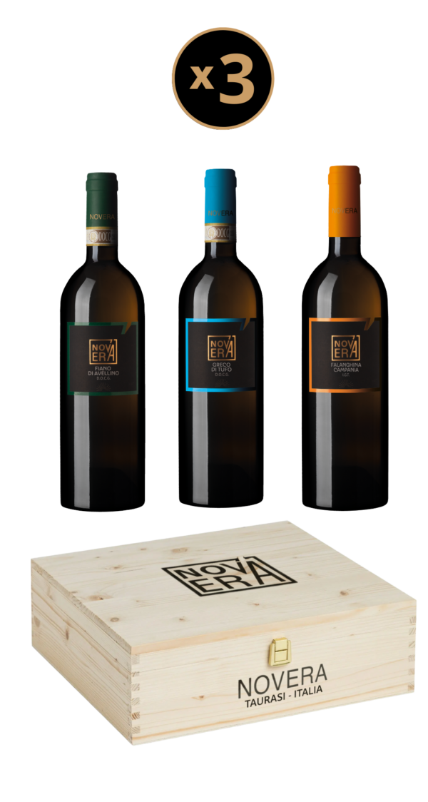 cofanetto degustazione novera – tre bianchi, idea regalo in cassetta di legno
