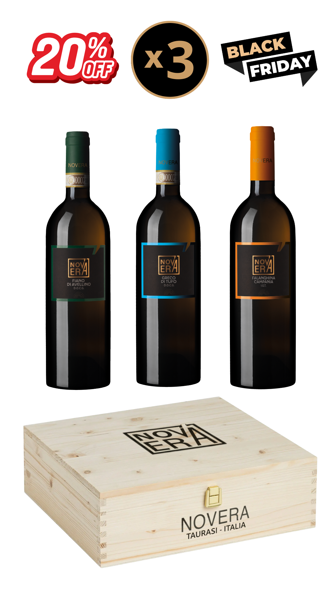 cofanetto degustazione novera – tre bianchi, idea regalo in cassetta di legno