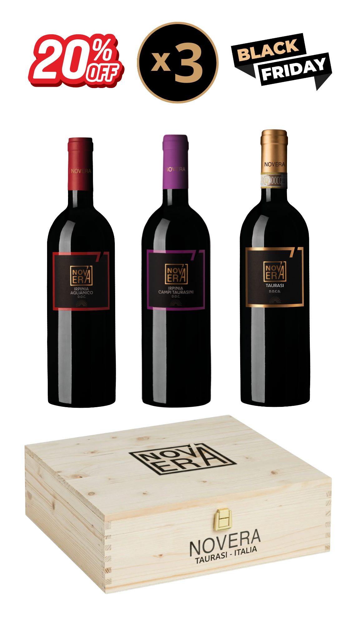 cofanetto degustazione novera – tre rossi, idea regalo in cassetta di legno