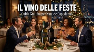 Quattro persone che brindano a un tavolo decorato per le feste di Natale e Capodanno, con due bottiglie di vino Cantine Novera in primo piano e la scritta 'Il vino delle feste'.