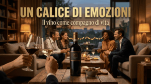 Una bottiglia di vino Cantine Novera e calici di vino su un tavolo in atmosfera accogliente e calda, con il testo in evidenza 'UN CALICE DI EMOZIONI - Il vino come compagno di vita'.