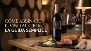 Bottiglia di vino Taurasi Cantine Novera affiancata a un piatto gourmet e un calice di vino rosso con testo "Come Abbinare il Vino al Cibo: La Guida Semplice"