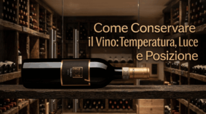 Bottiglia di vino Taurasi Cantine Novera adagiata in una cantina con testo "Come Conservare il Vino: Temperatura, Luce e Posizione"