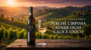 Bottiglia di Fiano di Avellino D.O.C.G. Cantine Novera con un calice di vino bianco su un tavolo in legno affacciato sui vigneti e le colline dell'Irpinia al tramonto, con il testo "IL VINO E IL TERRITORIO: PERCHÈ L'IRPINIA RENDE OGNI CALICE UNICO"