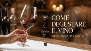 Un calice di vino rosso impugnato da una mano durante una degustazione, con testo in sovrimpressione: Come degustare il vino – vista, olfatto e gusto.