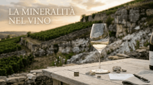 Calice di vino bianco elegante su tavolo in legno con sfondo di terreno calcareo e rocce, testo La mineralità nel vino